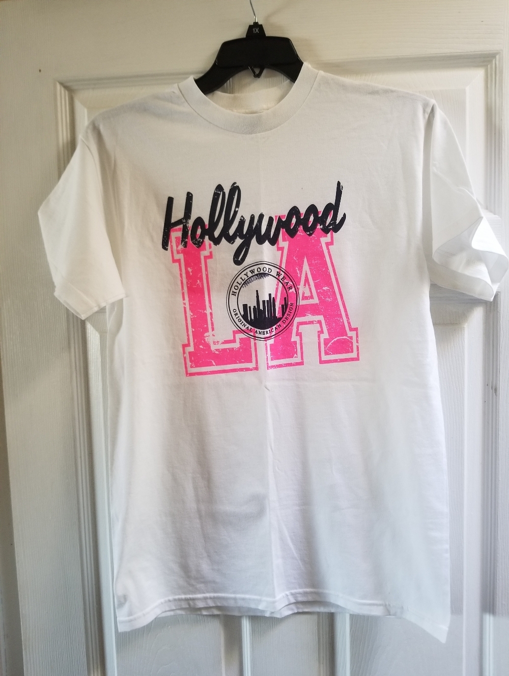 Hollywood LA White Graphic Tee with Pink & Black Print - Women's Size M